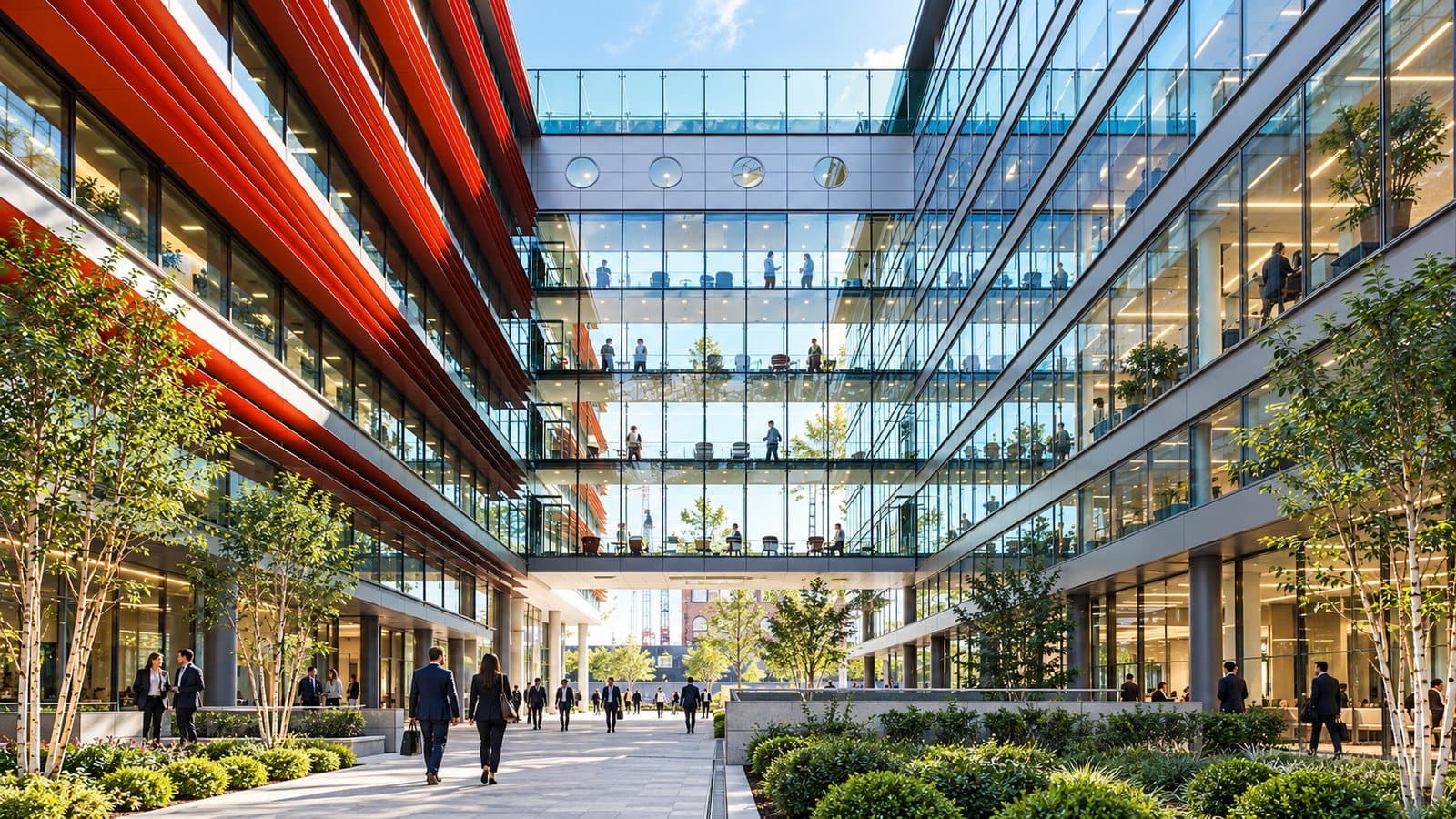 Office workers walking through a planted courtyard between glass office buildings