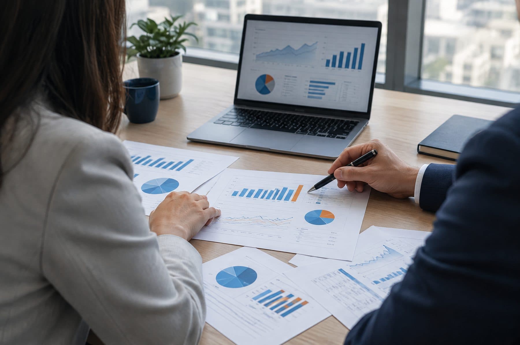 Two finance professionals reviewing printed charts beside a laptop