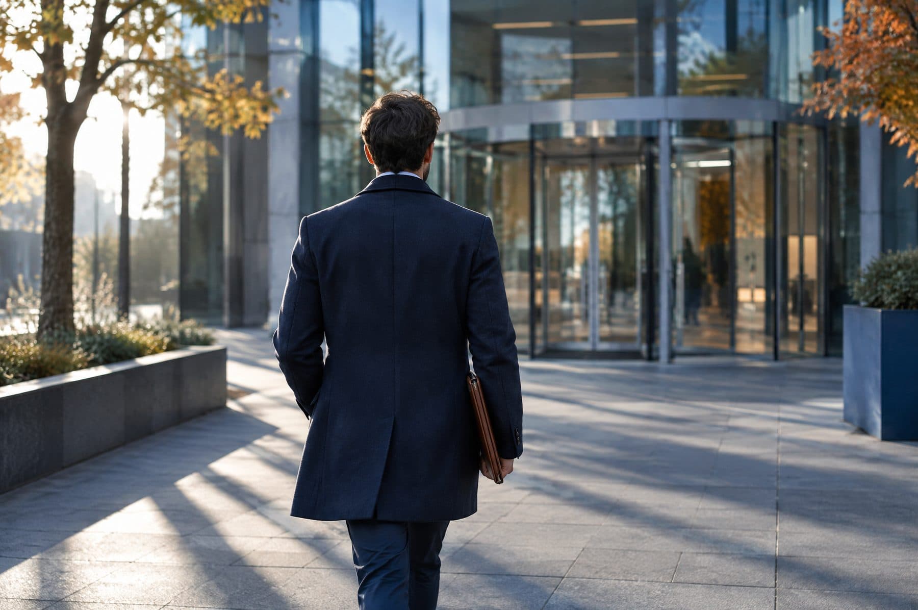A professional carrying a portfolio walking towards a modern office entrance, seen from behind