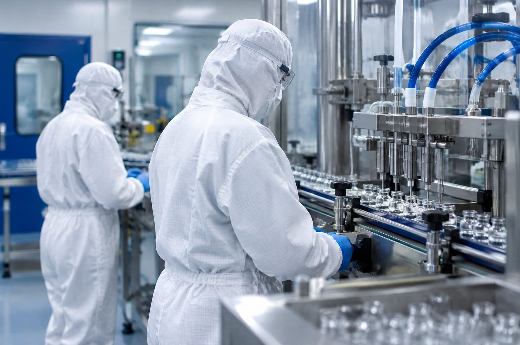 Two fully gowned operators working at a filling line in a pharmaceutical cleanroom