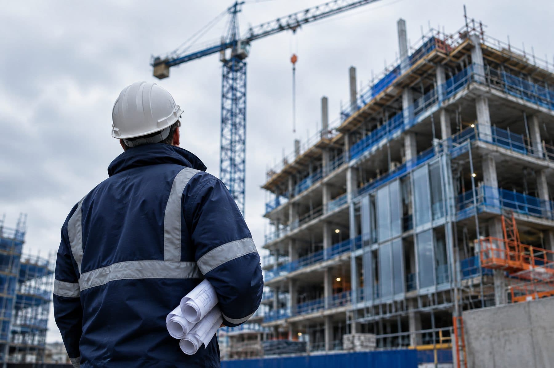 A site manager in a hard hat looking up at a building under construction, seen from behind