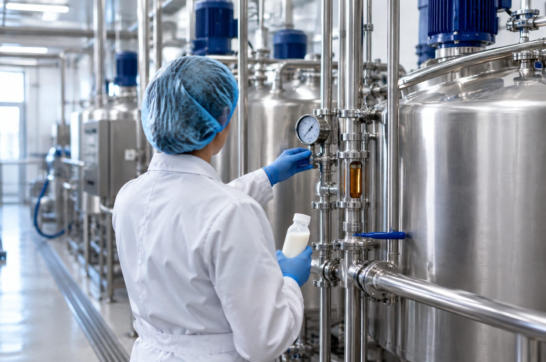 A technician checking a gauge beside stainless steel tanks in a dairy processing plant, seen from behind