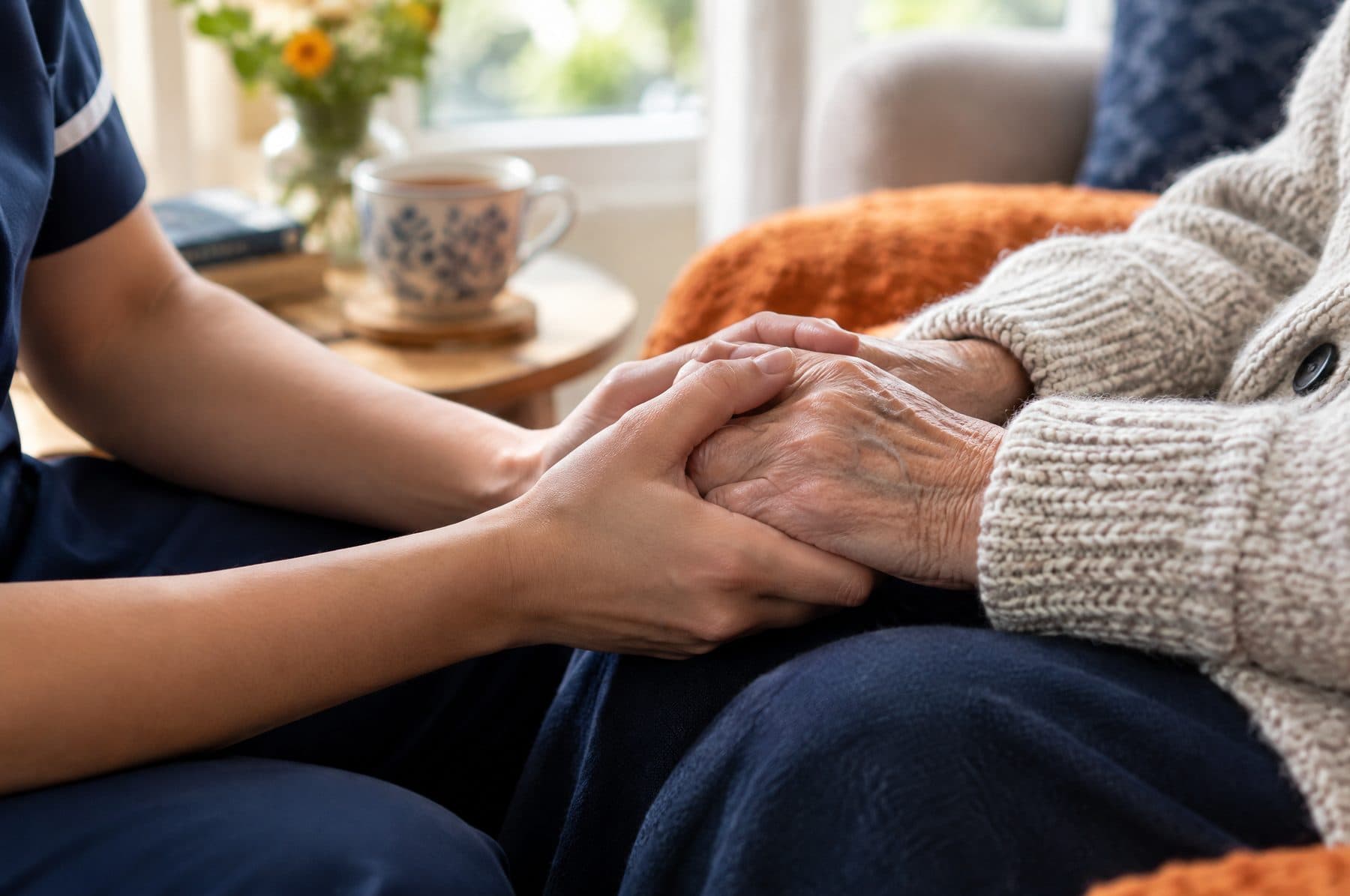 A care worker's hands holding the hands of an older person