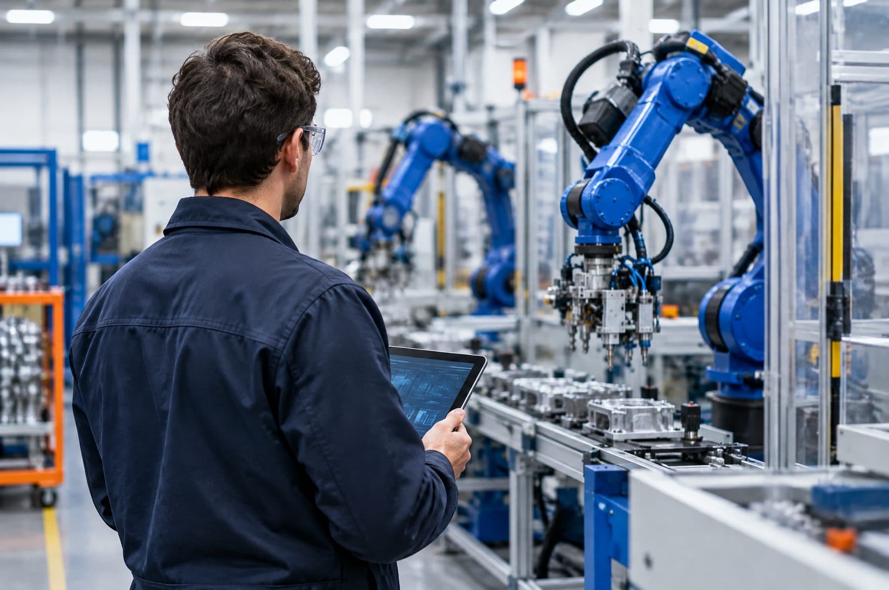 An engineer with a tablet beside an automated manufacturing line, seen from behind