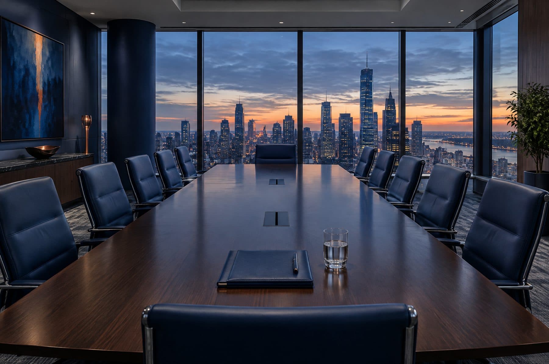 An empty boardroom with a long table overlooking a city skyline at dusk