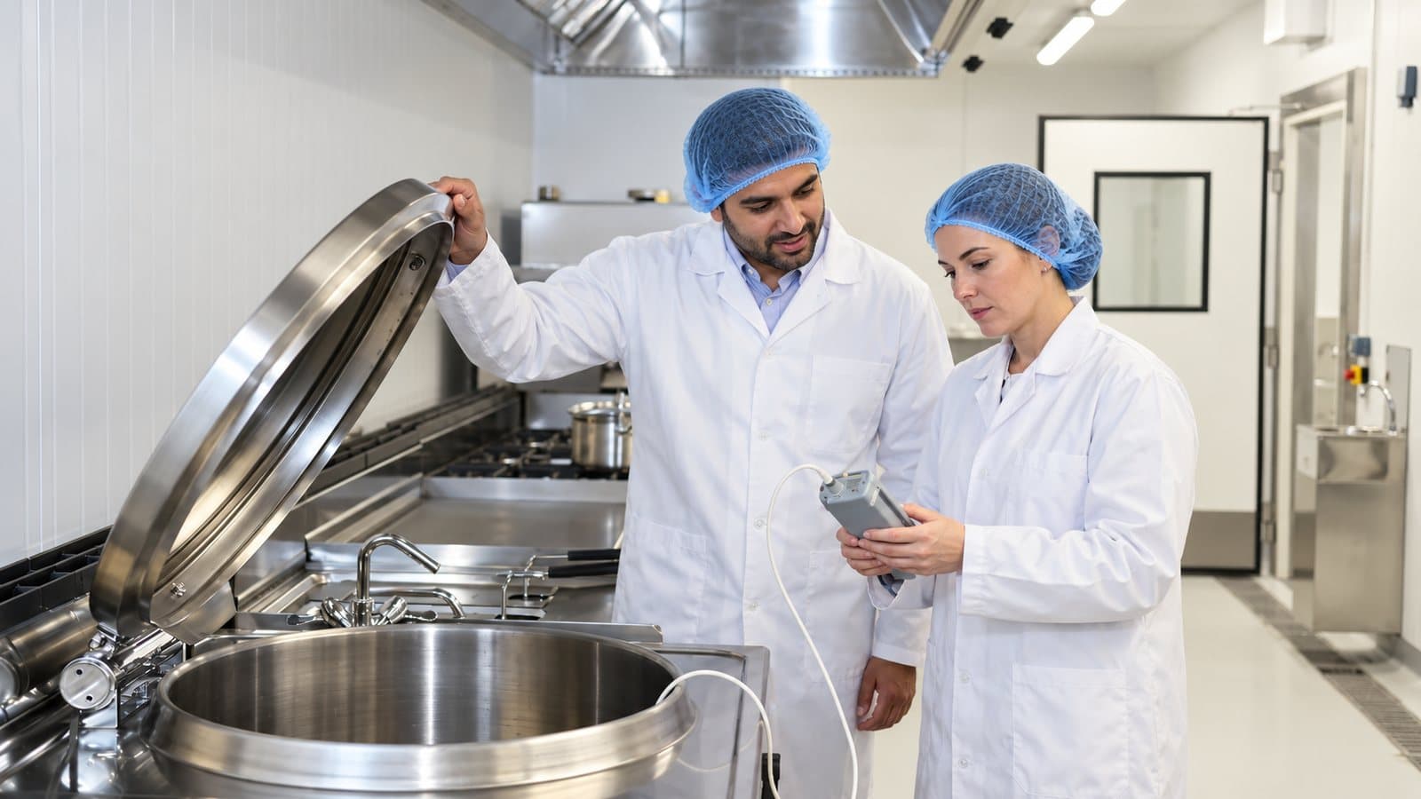 Two food technologists in white coats and hairnets checking a temperature probe beside a stainless steel kettle