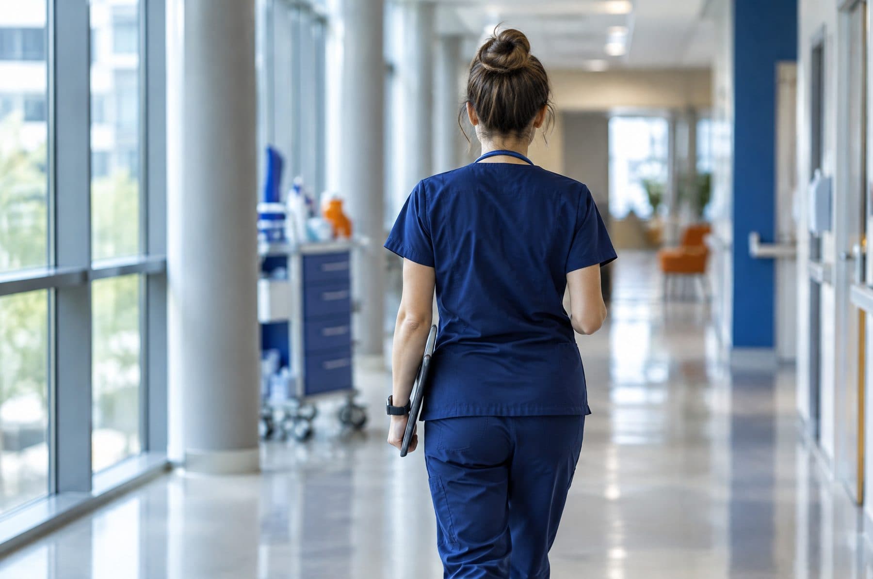 A nurse in navy scrubs walking down a bright hospital corridor, seen from behind