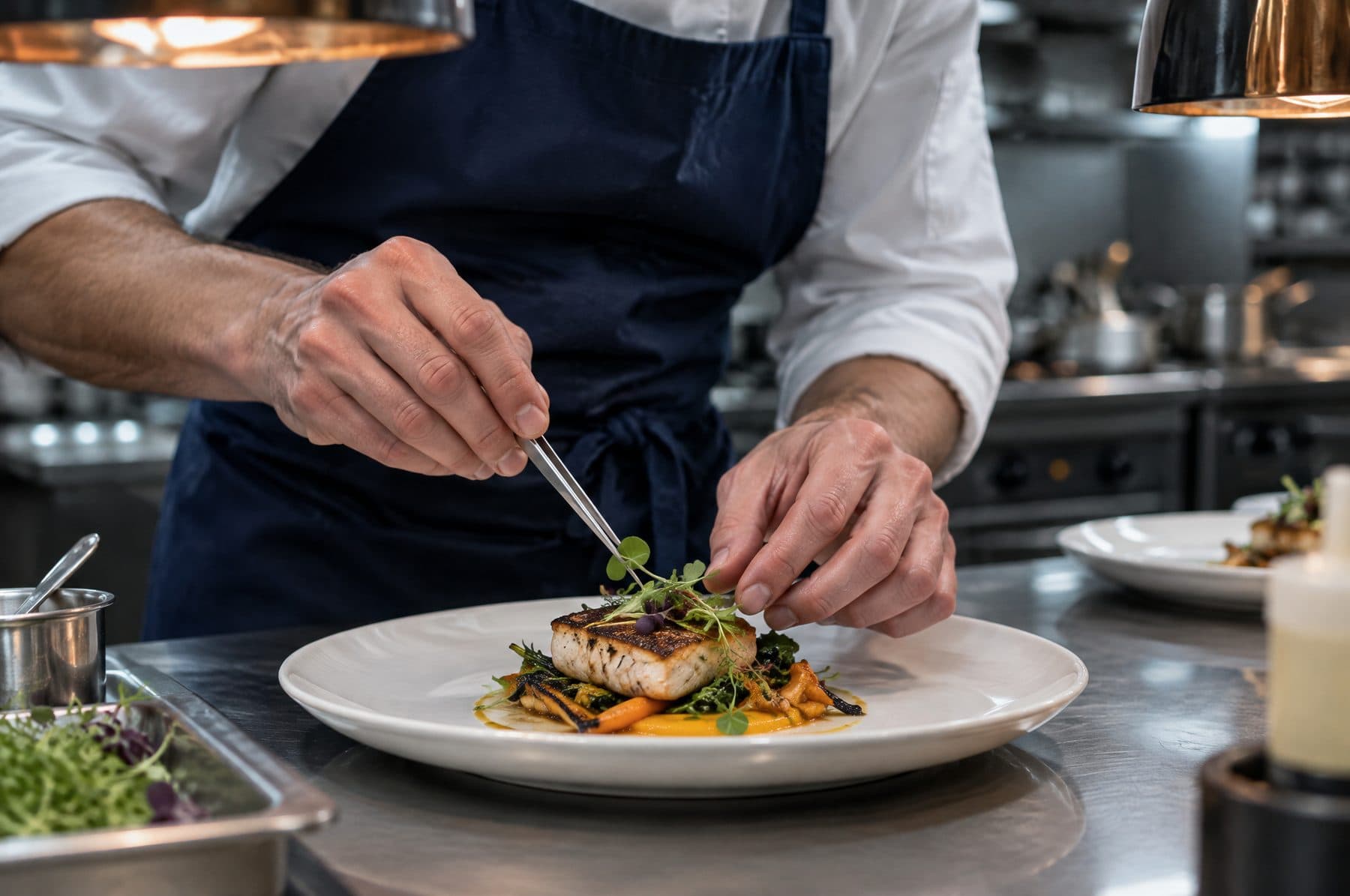 A chef's hands plating a dish at the pass of a professional kitchen