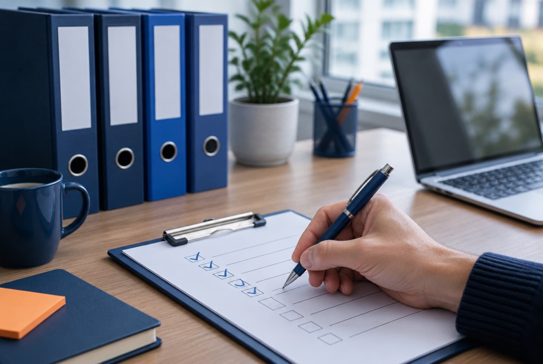 A hand ticking items on a printed checklist beside a row of navy ring binders and a laptop