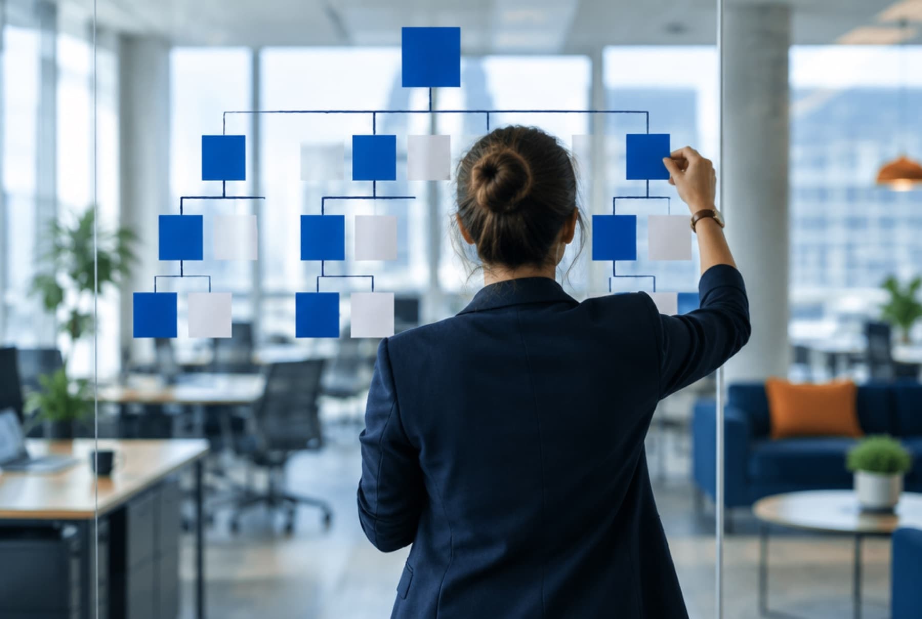 A manager arranging an organisation chart of sticky notes on a glass wall, seen from behind