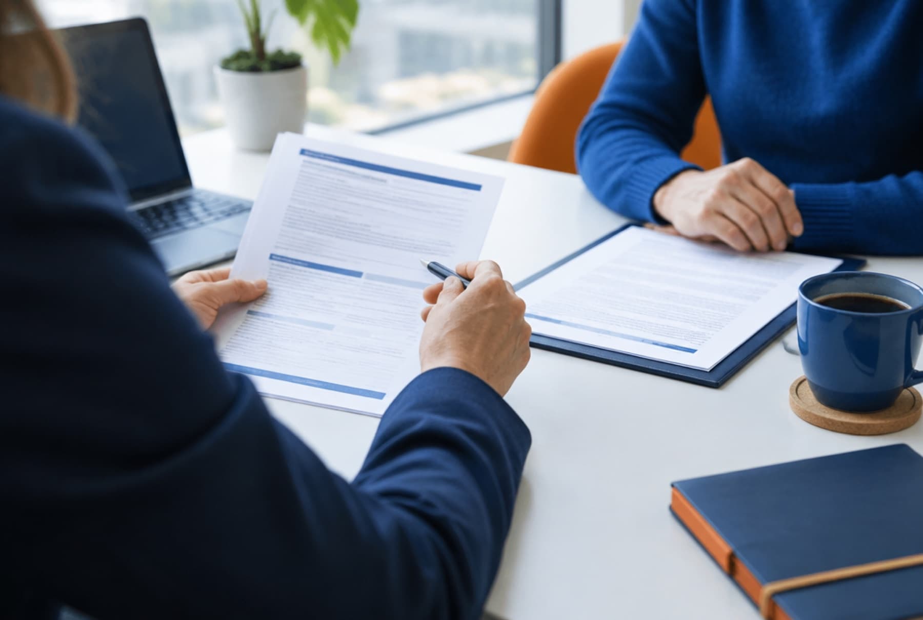 An HR consultant and a business owner reviewing an employee handbook and a contract at a meeting table, hands and documents only