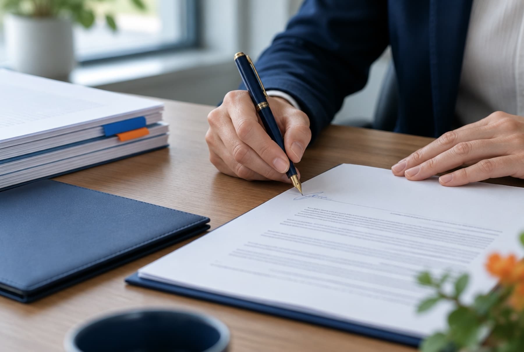A hand signing a contract of employment on a desk beside a stack of policy documents