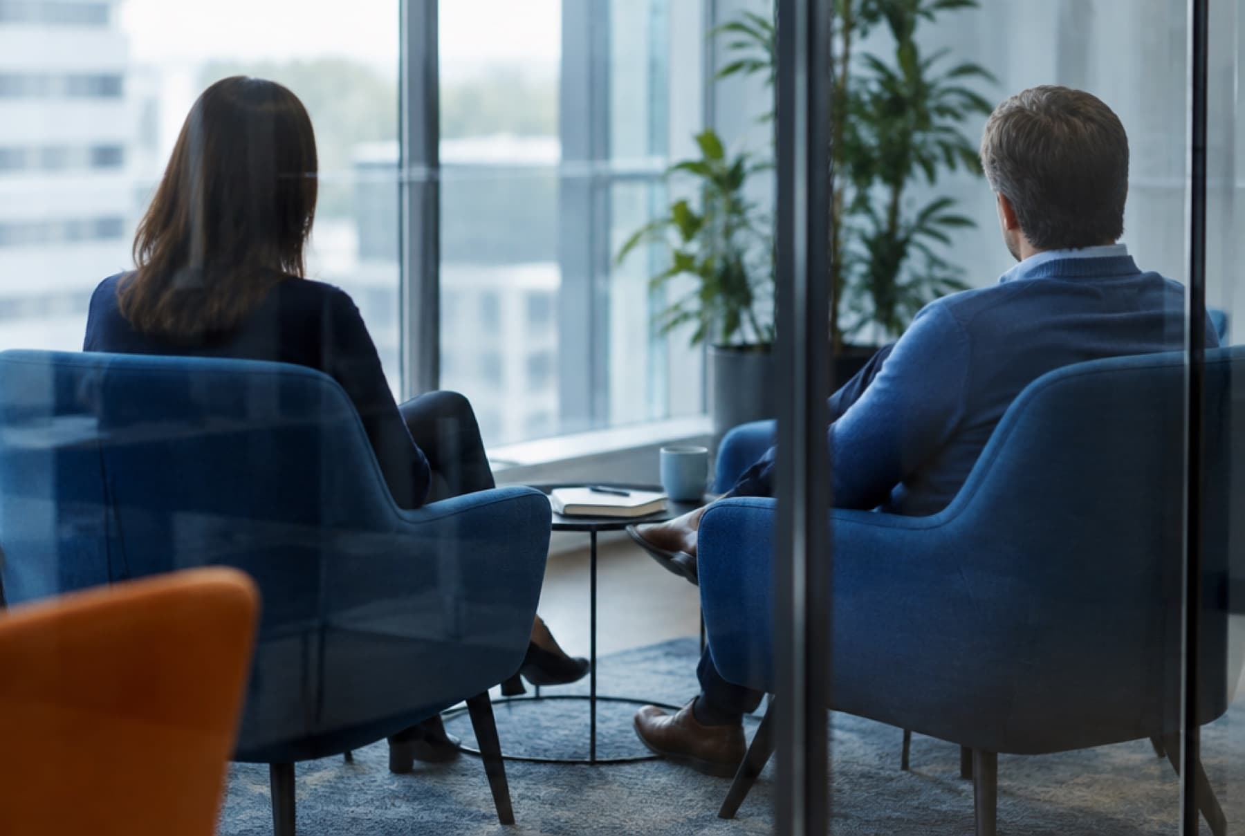 Two people in a quiet one to one meeting in a glass walled office, seen from behind