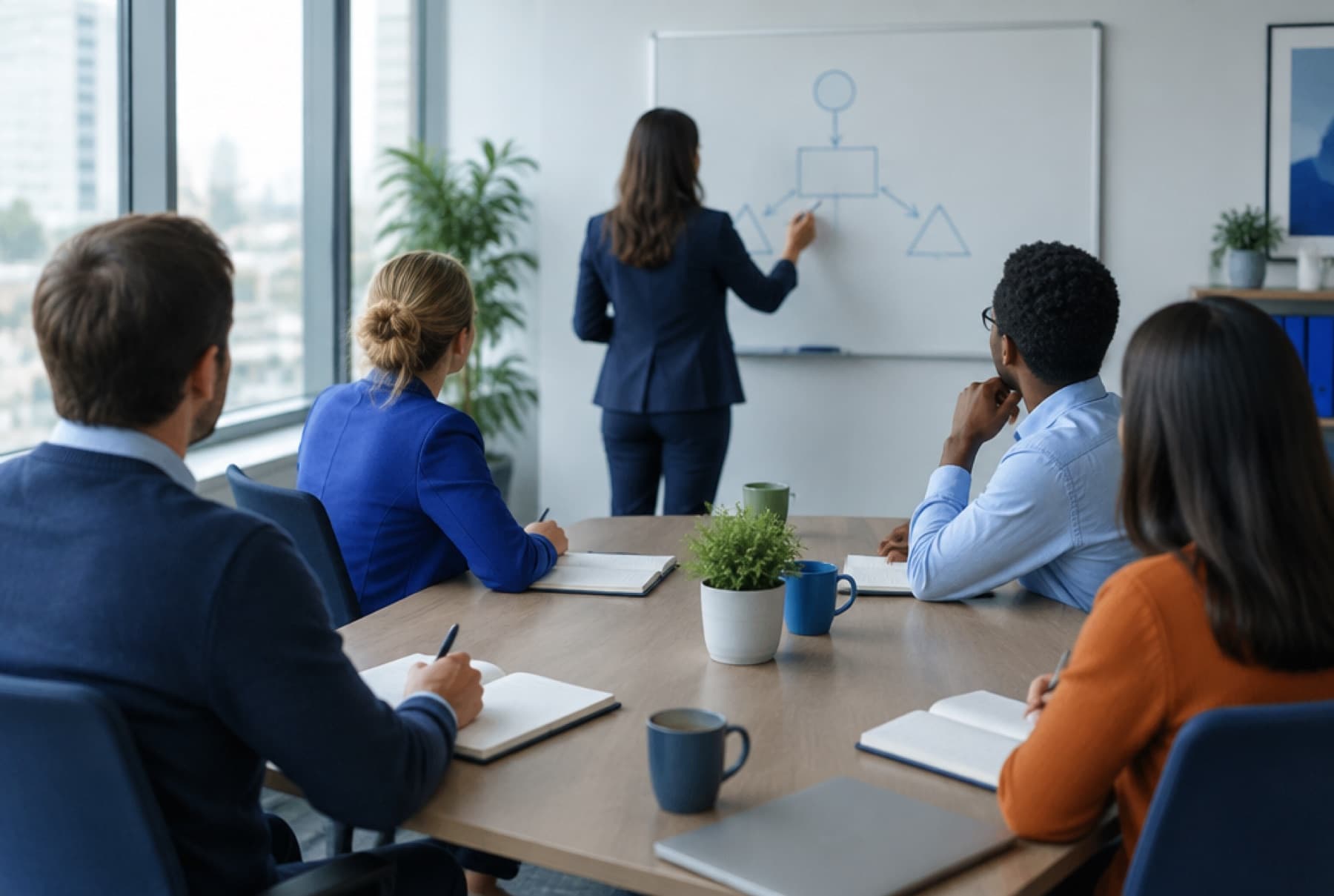 A facilitator at a whiteboard leading a small management training session, seen from behind