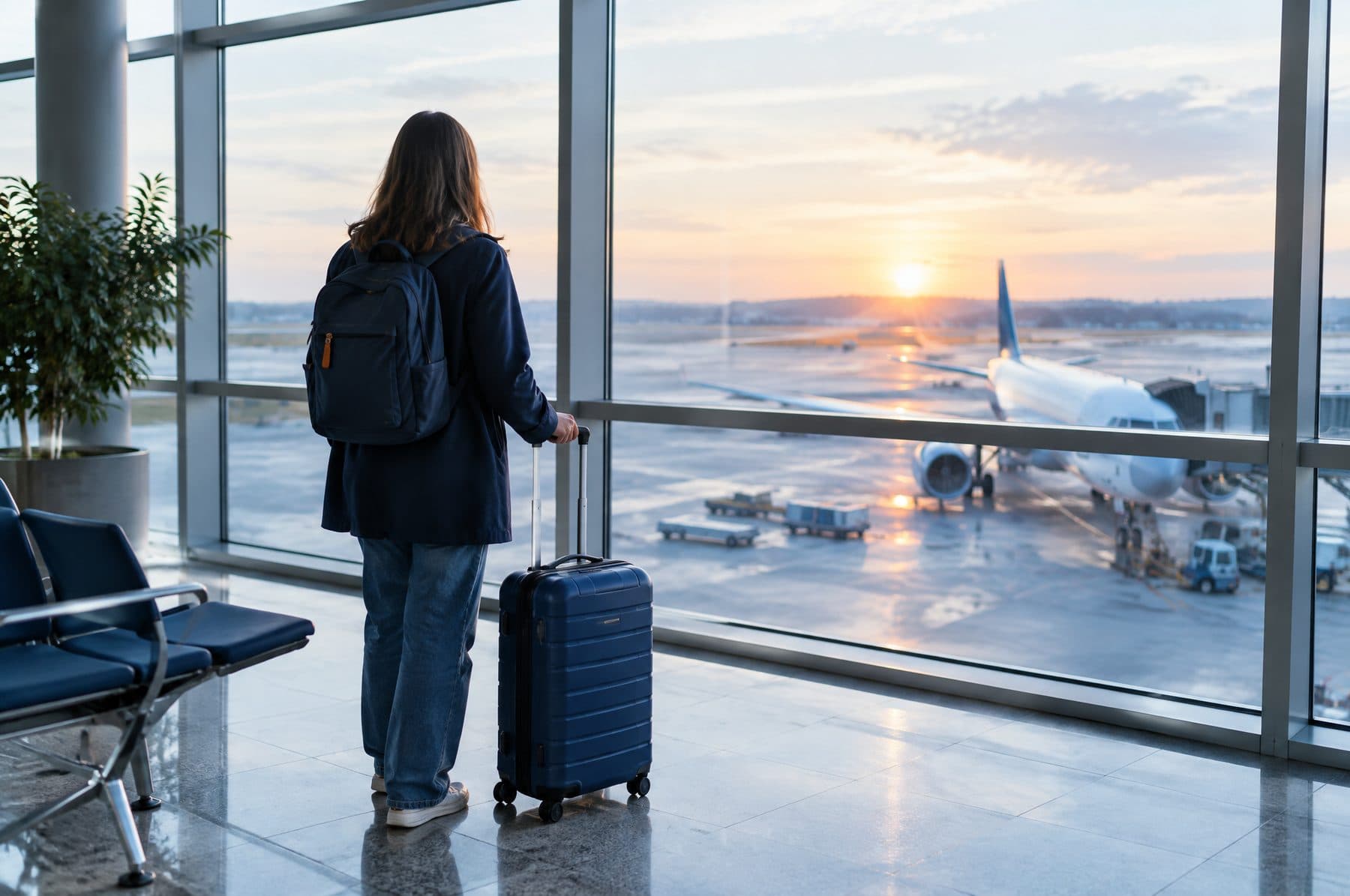 A traveller with a suitcase looking out at an aircraft from an airport departures hall, seen from behind