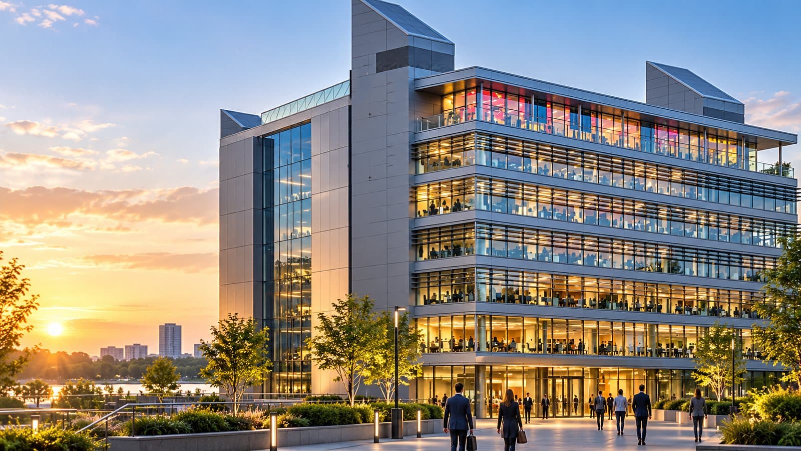 People walking towards the entrance of a modern office building at sunset