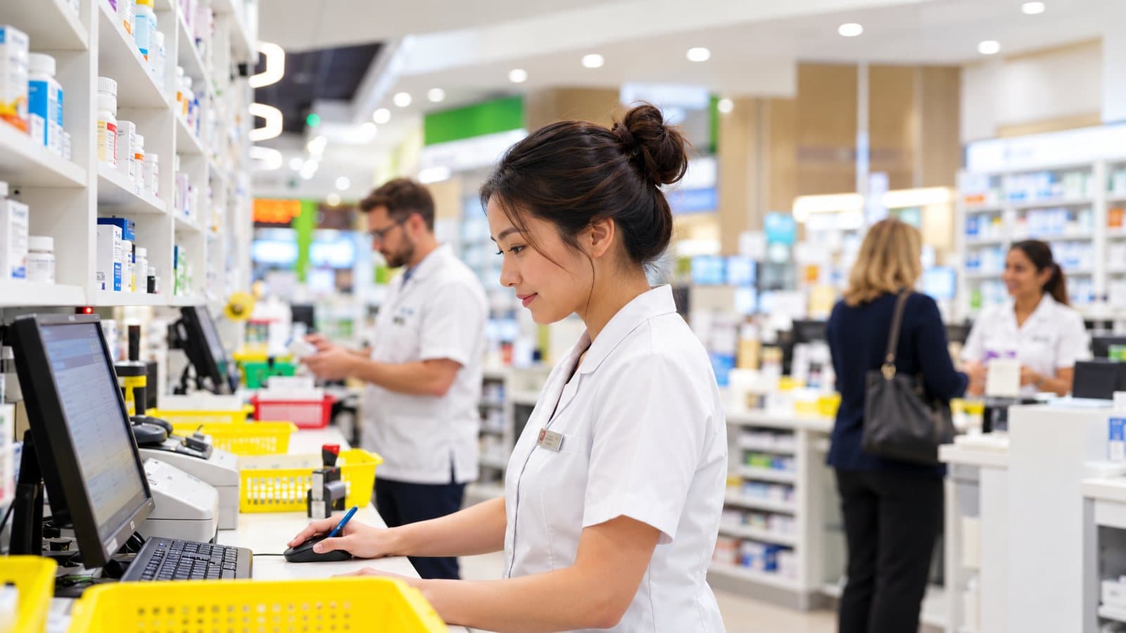 A pharmacist in a white tunic working at a dispensary computer in a busy community pharmacy