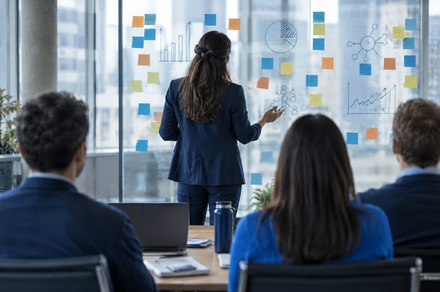 A marketing lead presenting at a glass wall of notes to colleagues, seen from behind