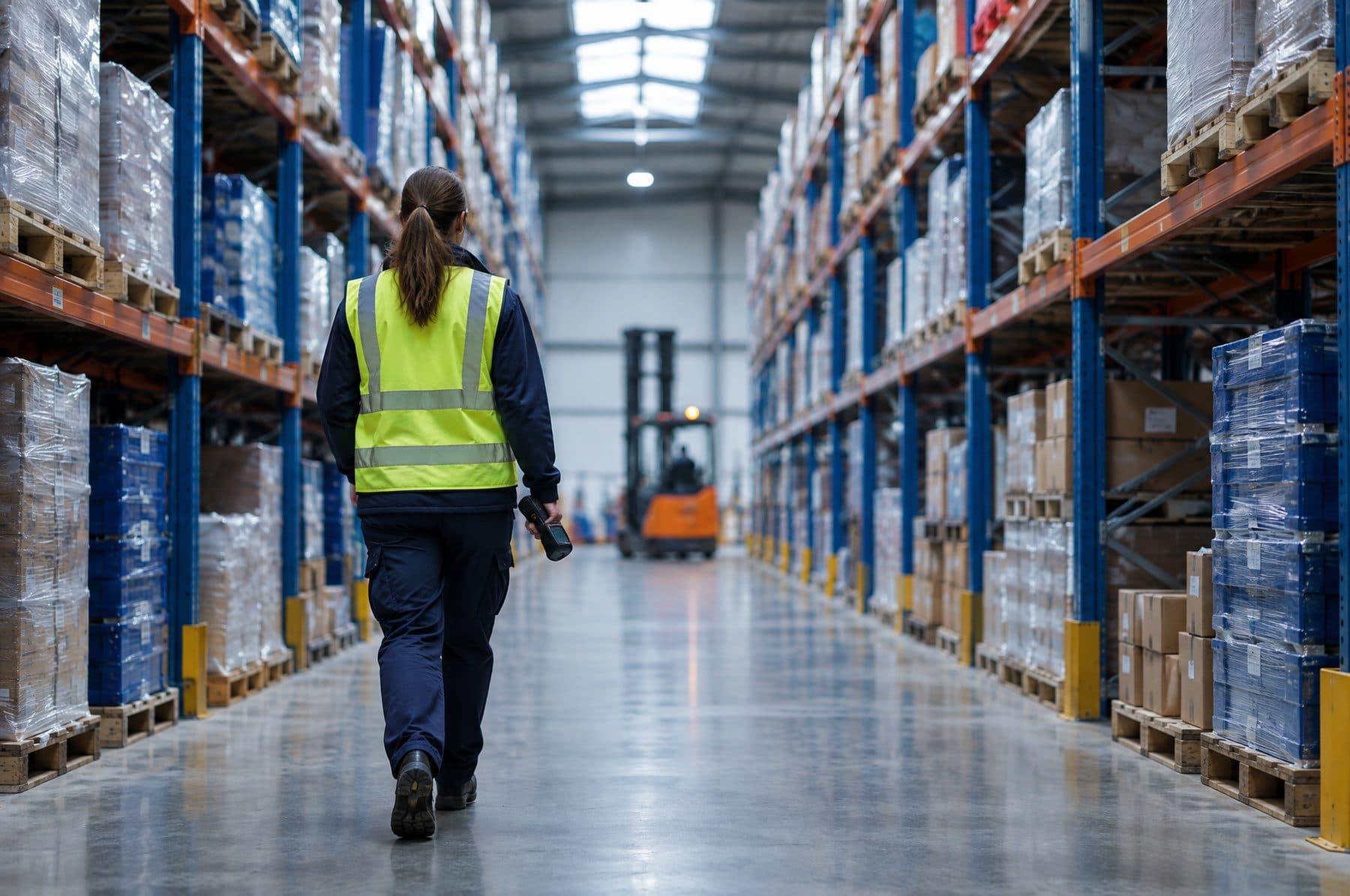 A logistics supervisor walking down a warehouse aisle with a handheld scanner, seen from behind