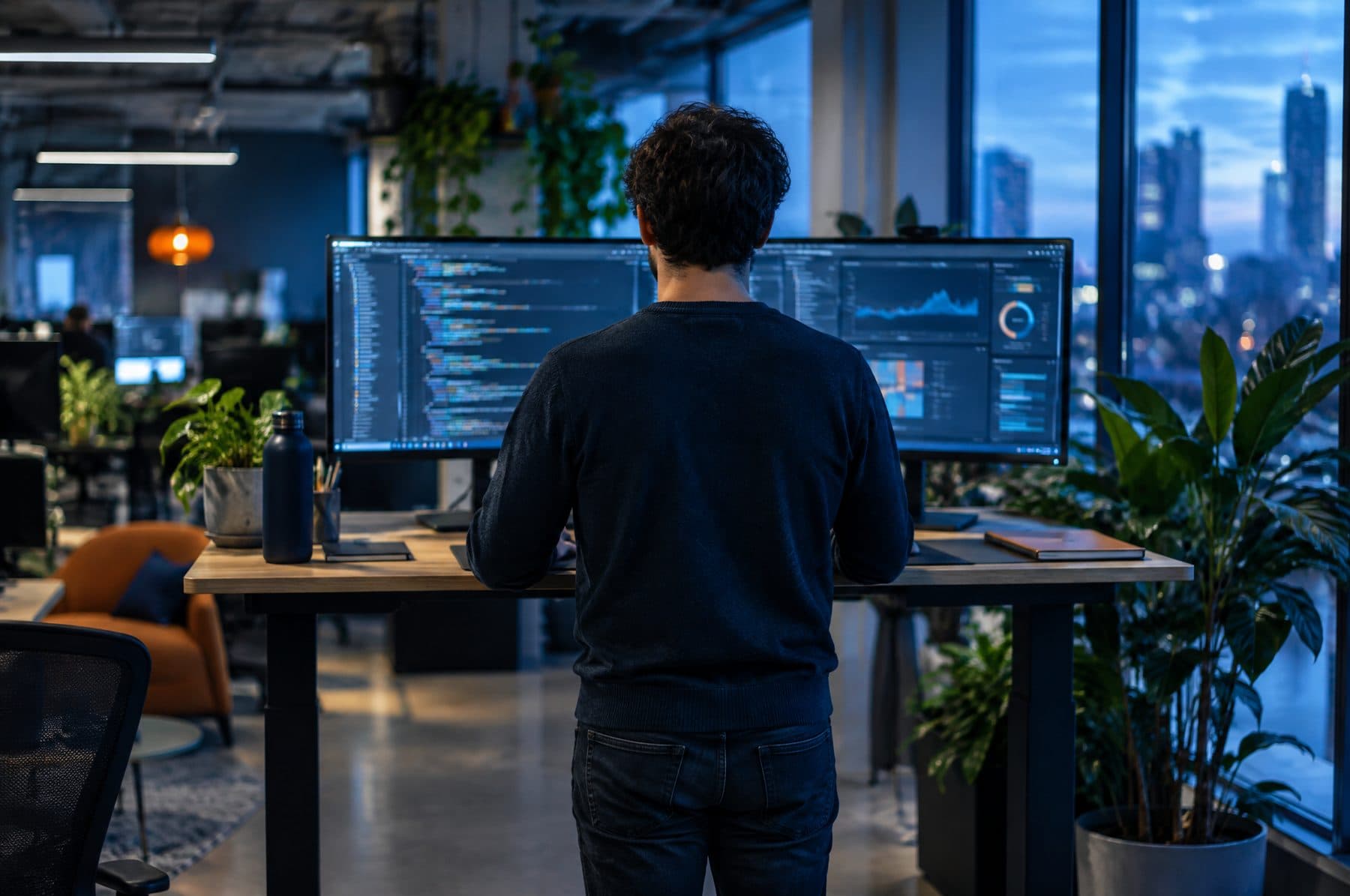 A software engineer at a standing desk with two monitors, seen from behind